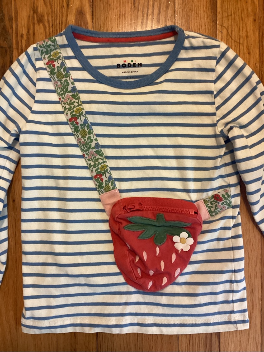 Mini Boden striped cotton long sleeve shirt with strawberry zipper bag size 6=7